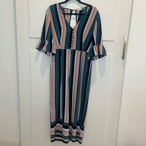Love & Piece Collective Striped Midi‎ Romper Teal Pink Black Size M Festival